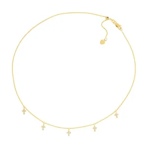 14K Yellow Gold CZ Cross Dangles Adjustable Choker
