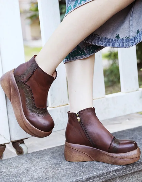 Autumn Handmade Carved Retro Leather Platform Boots
