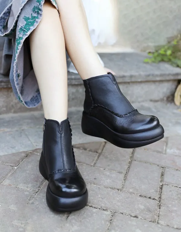 Autumn Handmade Carved Retro Leather Platform Boots