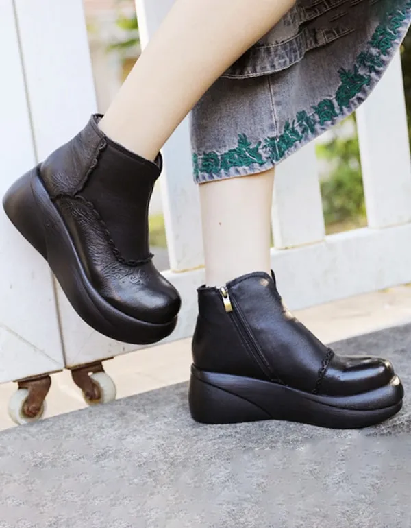 Autumn Handmade Carved Retro Leather Platform Boots