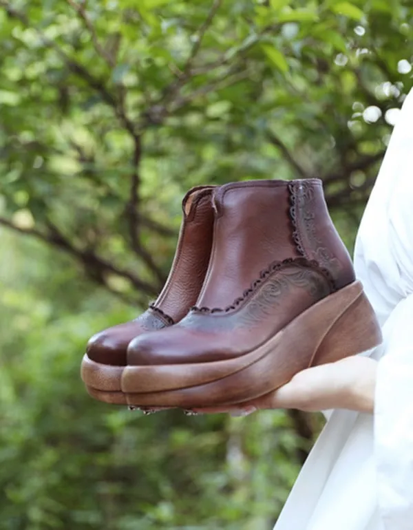 Autumn Handmade Carved Retro Leather Platform Boots