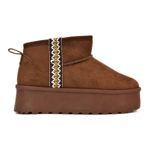 Bexley Aztec Ankle Platform Ultra Mini Boots With Faux Fur Insole in Chocolate