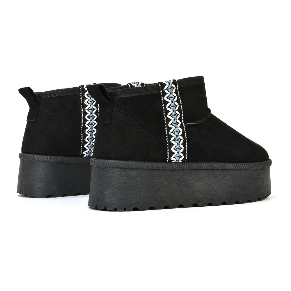 Bexley Aztec Ankle Platform Ultra Mini Boots With Faux Fur Insole in Chocolate