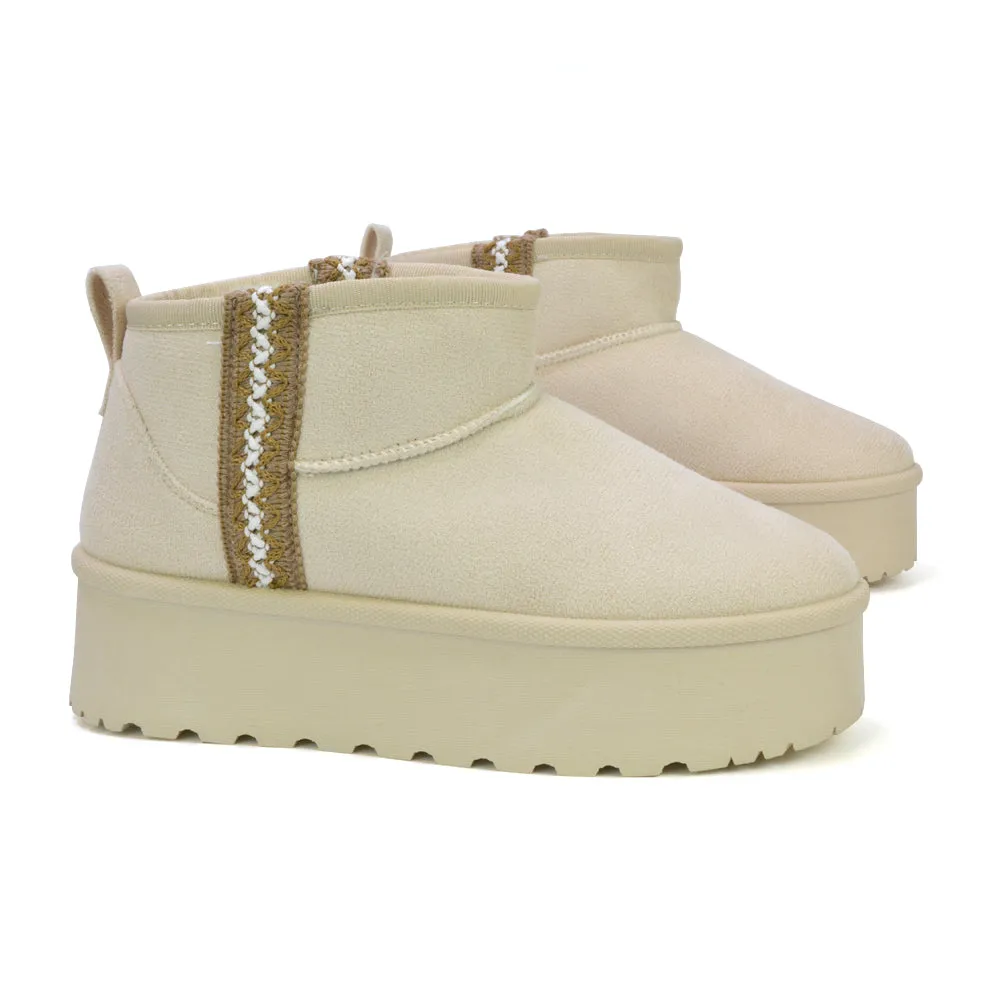 Bexley Aztec Ankle Platform Ultra Mini Boots With Faux Fur Insole in Chocolate