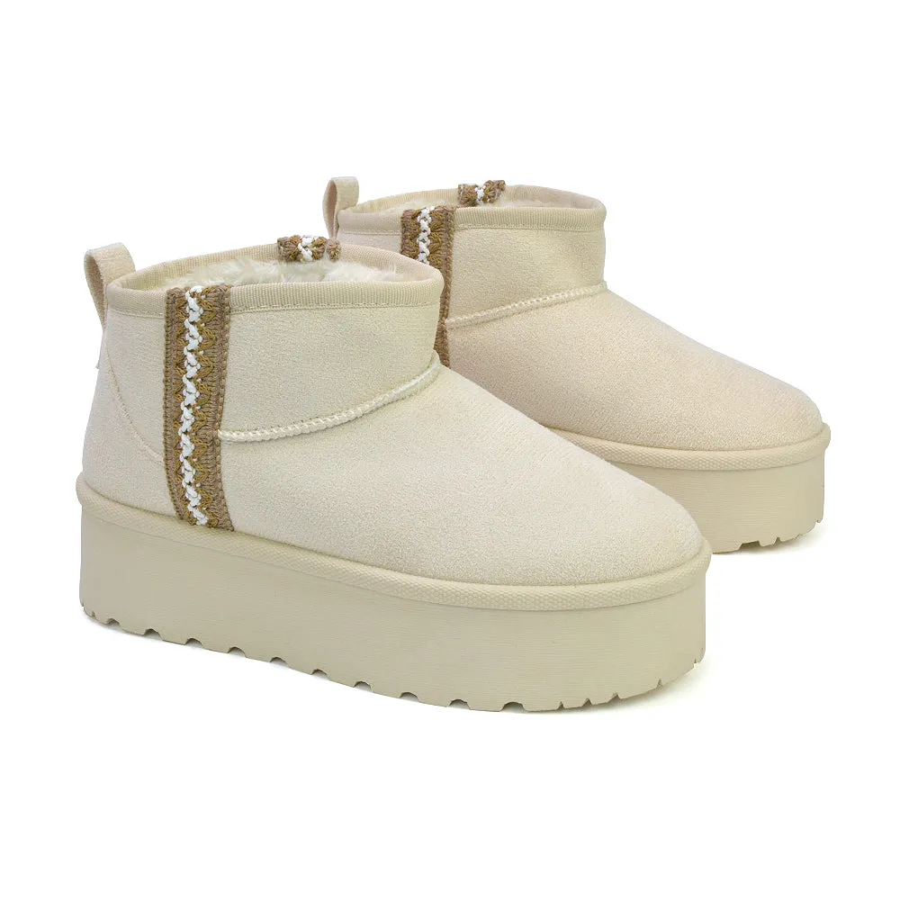 Bexley Aztec Ankle Platform Ultra Mini Boots With Faux Fur Insole in Chocolate