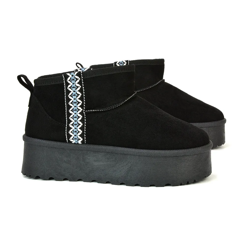 Bexley Aztec Ankle Platform Ultra Mini Boots With Faux Fur Insole in Chocolate