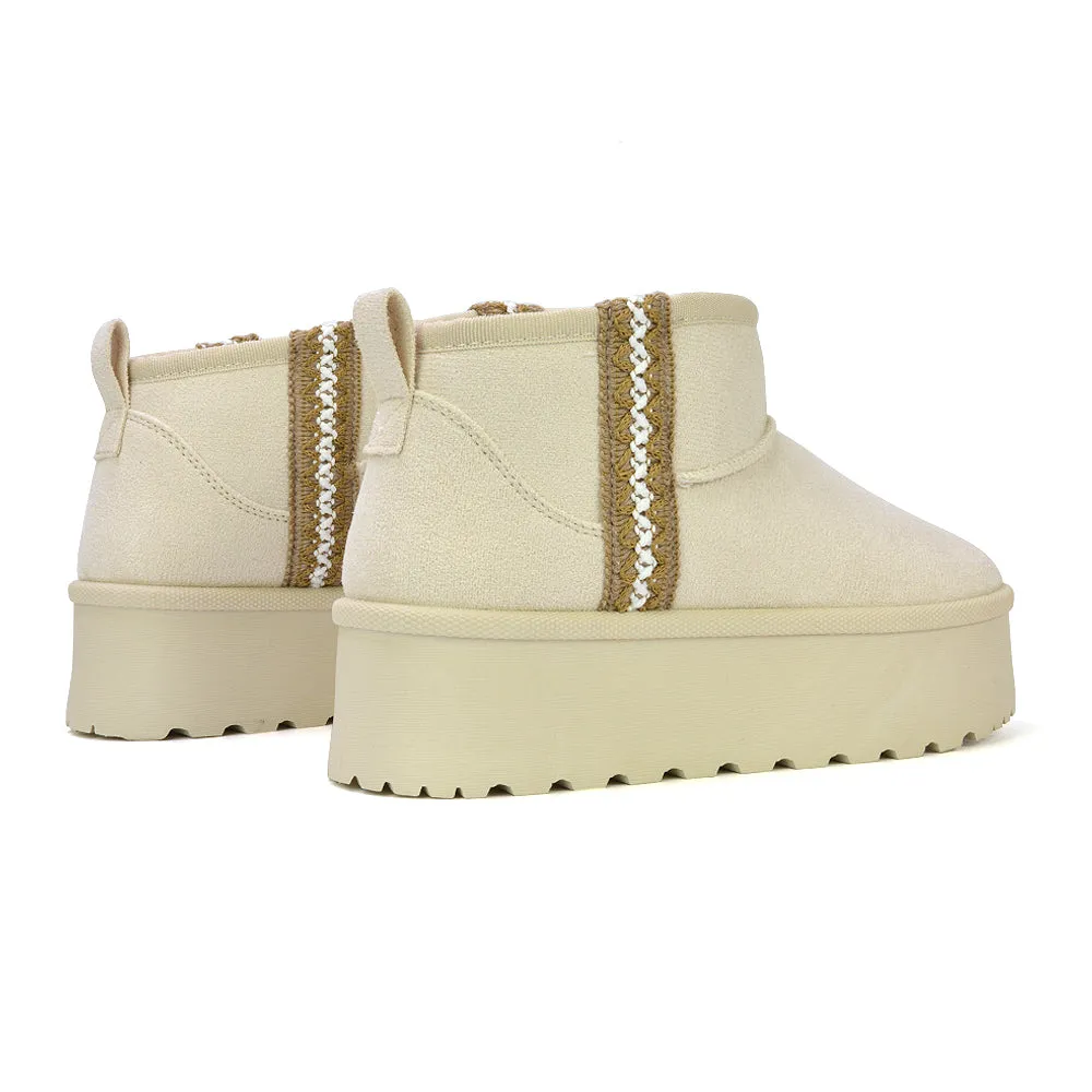 Bexley Aztec Ankle Platform Ultra Mini Boots With Faux Fur Insole in Chocolate