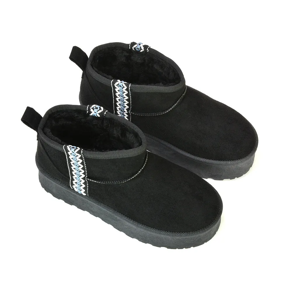 Bexley Aztec Ankle Platform Ultra Mini Boots With Faux Fur Insole in Chocolate