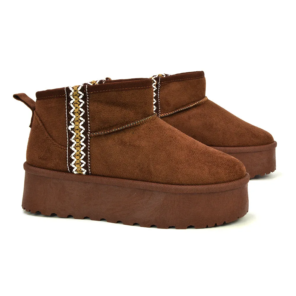 Bexley Aztec Ankle Platform Ultra Mini Boots With Faux Fur Insole in Chocolate