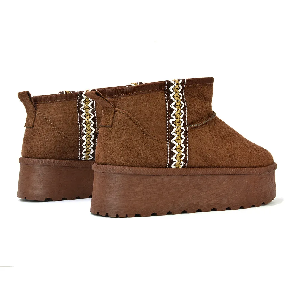 Bexley Aztec Ankle Platform Ultra Mini Boots With Faux Fur Insole in Chocolate