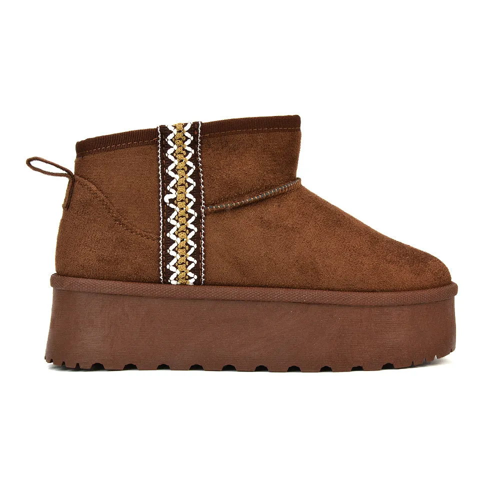 Bexley Aztec Ankle Platform Ultra Mini Boots With Faux Fur Insole in Chocolate