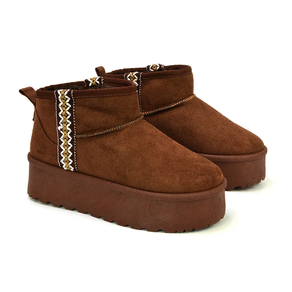 Bexley Aztec Ankle Platform Ultra Mini Boots With Faux Fur Insole in Chocolate