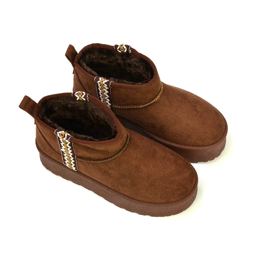 Bexley Aztec Ankle Platform Ultra Mini Boots With Faux Fur Insole in Chocolate