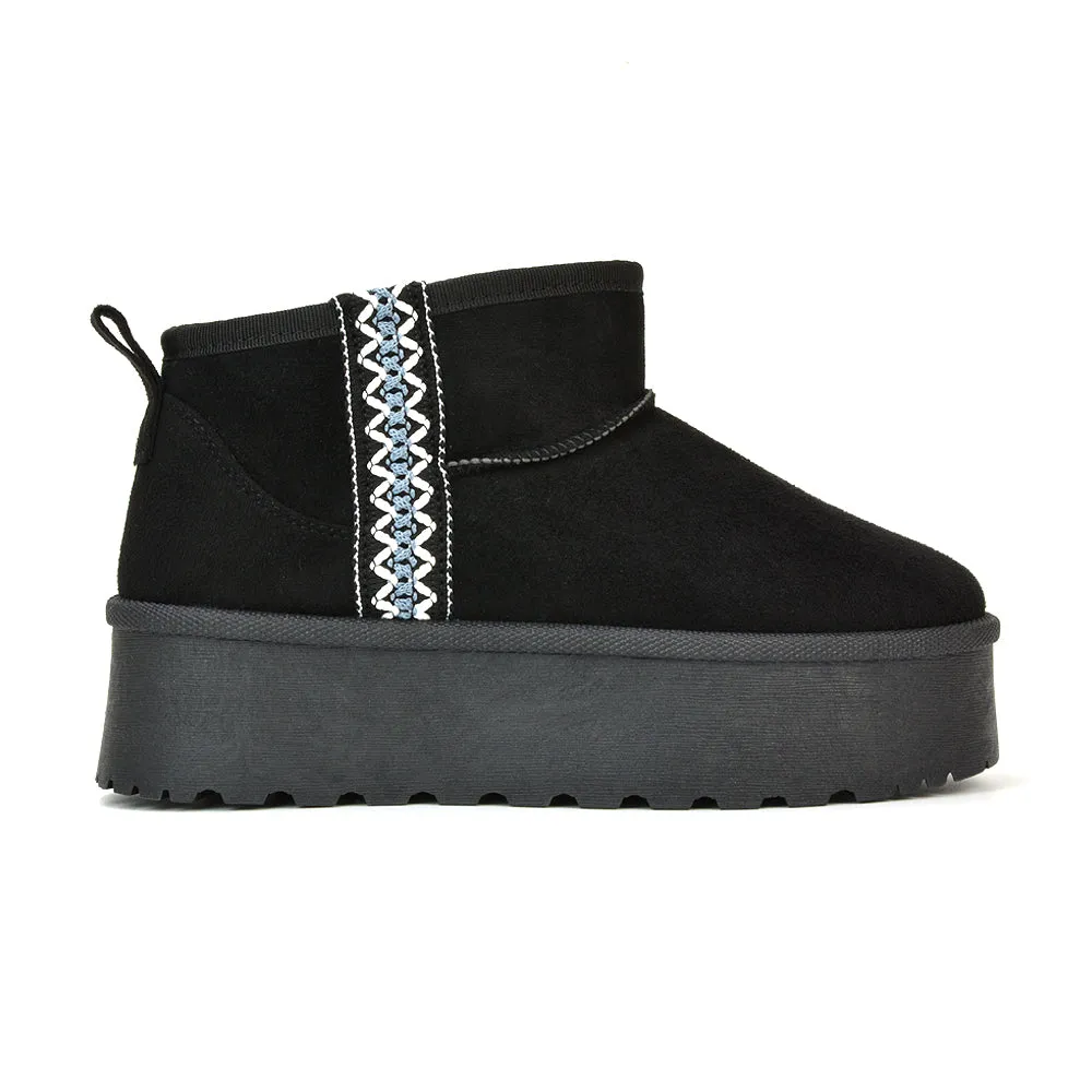 Bexley Aztec Ankle Platform Ultra Mini Boots With Faux Fur Insole in Chocolate