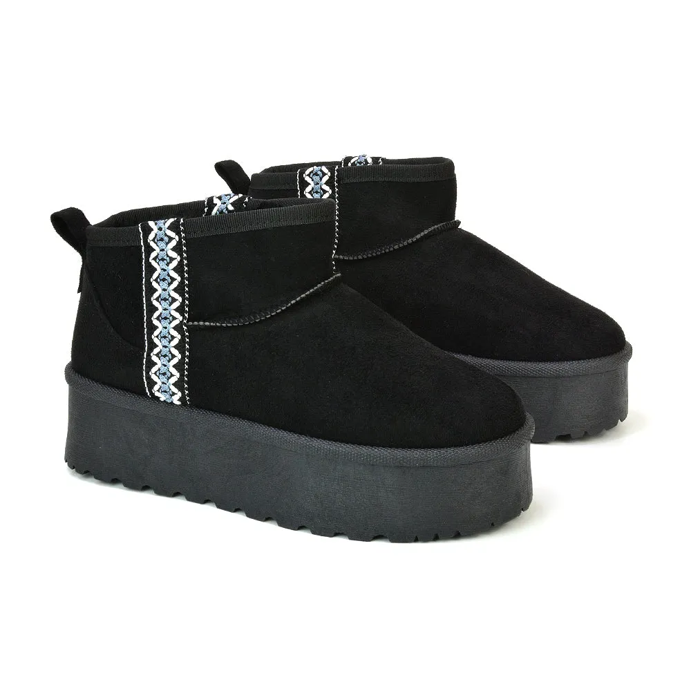 Bexley Aztec Ankle Platform Ultra Mini Boots With Faux Fur Insole in Chocolate