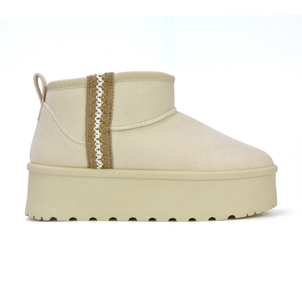 Bexley Aztec Ankle Platform Ultra Mini Boots With Faux Fur Insole in Chocolate