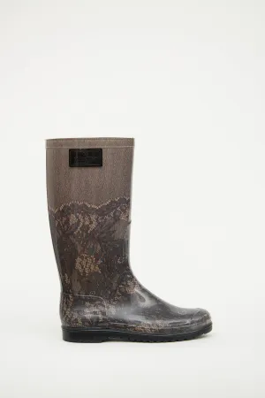 Black & Beige Lace Print Rain Boot