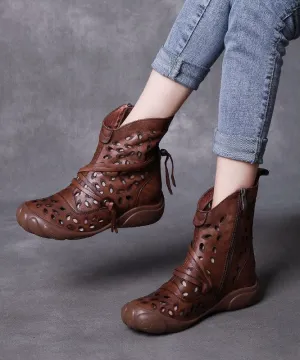 Brown Cowhide Leather Boots Hollow Out Lace Up Splicing