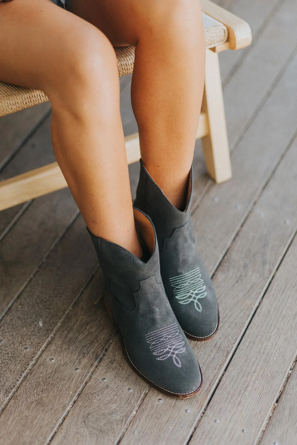 Daisy Round Toe Western Ankle Boots - Grey Suede