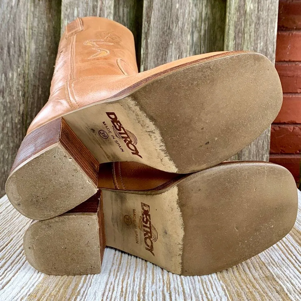 DESTROY Vintage Y2K Platform Chunky Sole High Heel Tall Tan Brown Genuine Leather Boots
