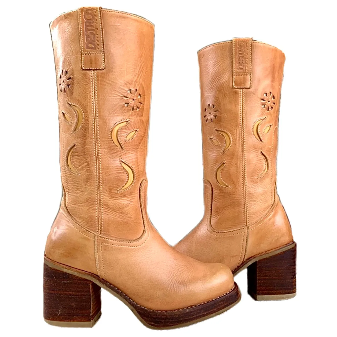 DESTROY Vintage Y2K Platform Chunky Sole High Heel Tall Tan Brown Genuine Leather Boots