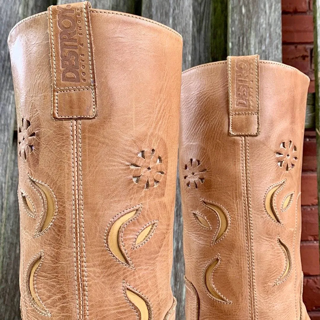 DESTROY Vintage Y2K Platform Chunky Sole High Heel Tall Tan Brown Genuine Leather Boots
