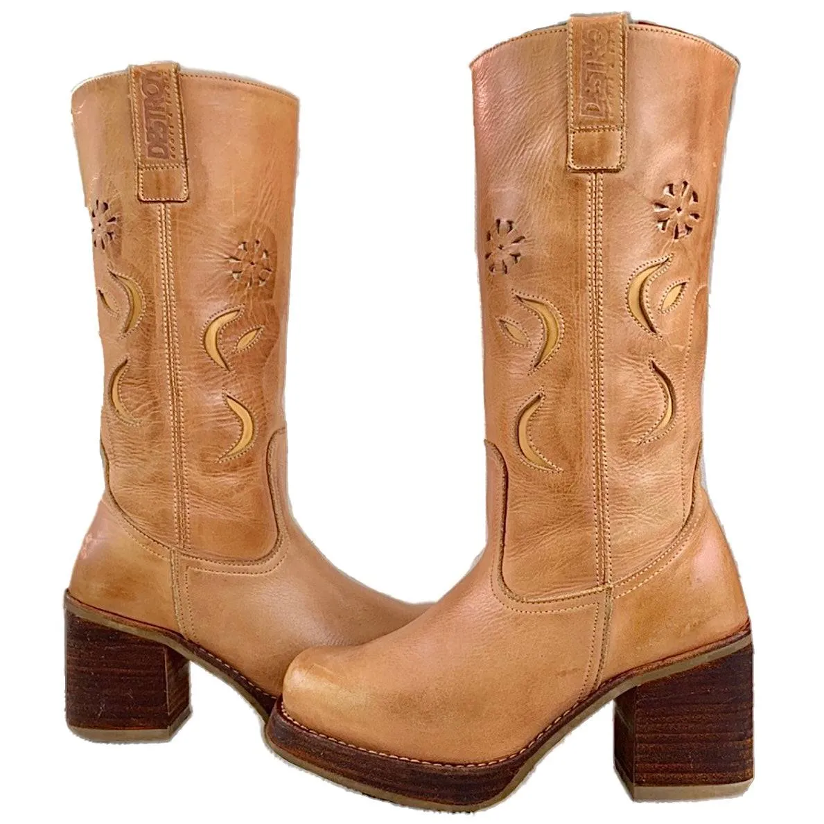 DESTROY Vintage Y2K Platform Chunky Sole High Heel Tall Tan Brown Genuine Leather Boots