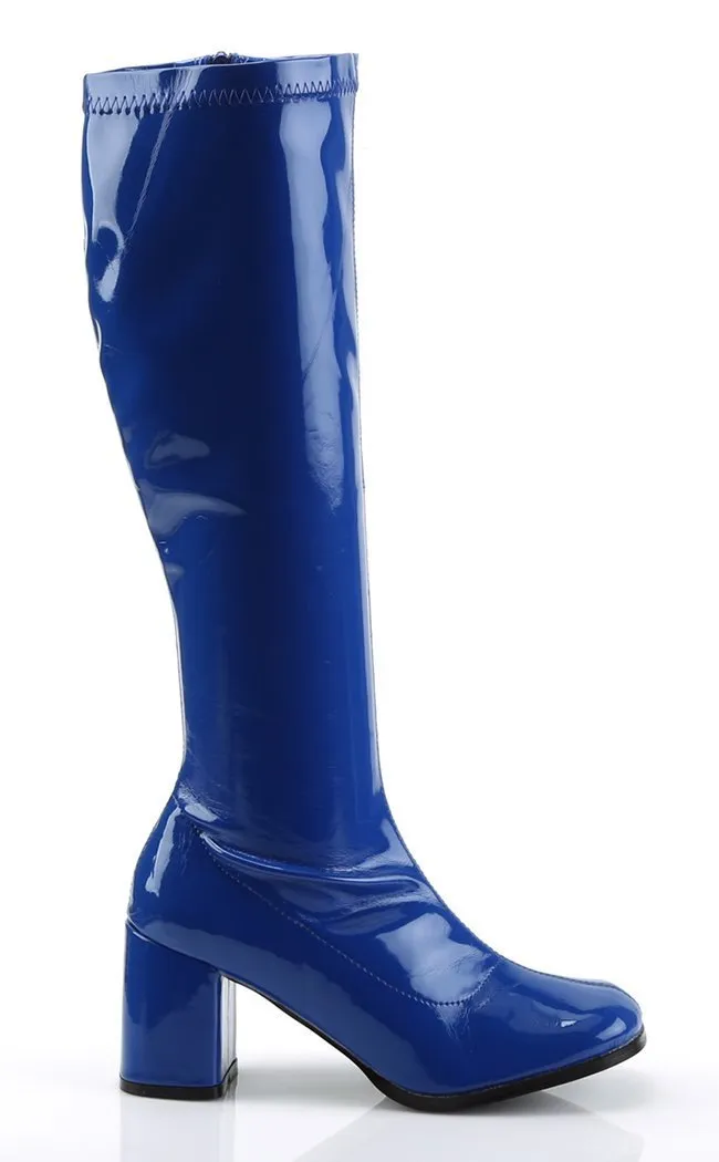 GOGO-300 Navy Blue Stretch Patent Gogo Boots