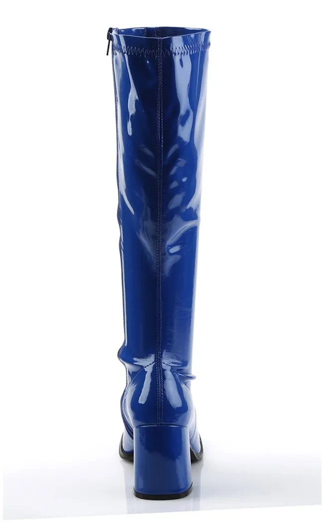 GOGO-300 Navy Blue Stretch Patent Gogo Boots