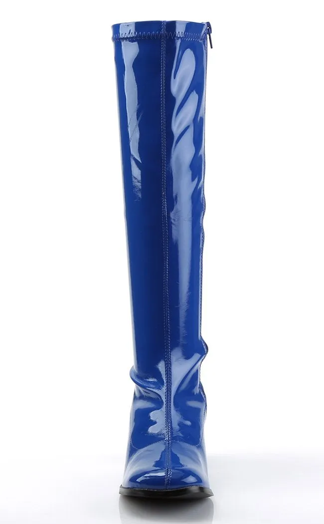 GOGO-300 Navy Blue Stretch Patent Gogo Boots