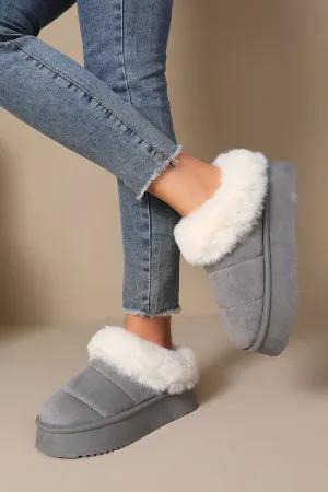 GREY ULTRA MINI PLATFORM FAUX FUR LINED FLUFFY SLIPPERS