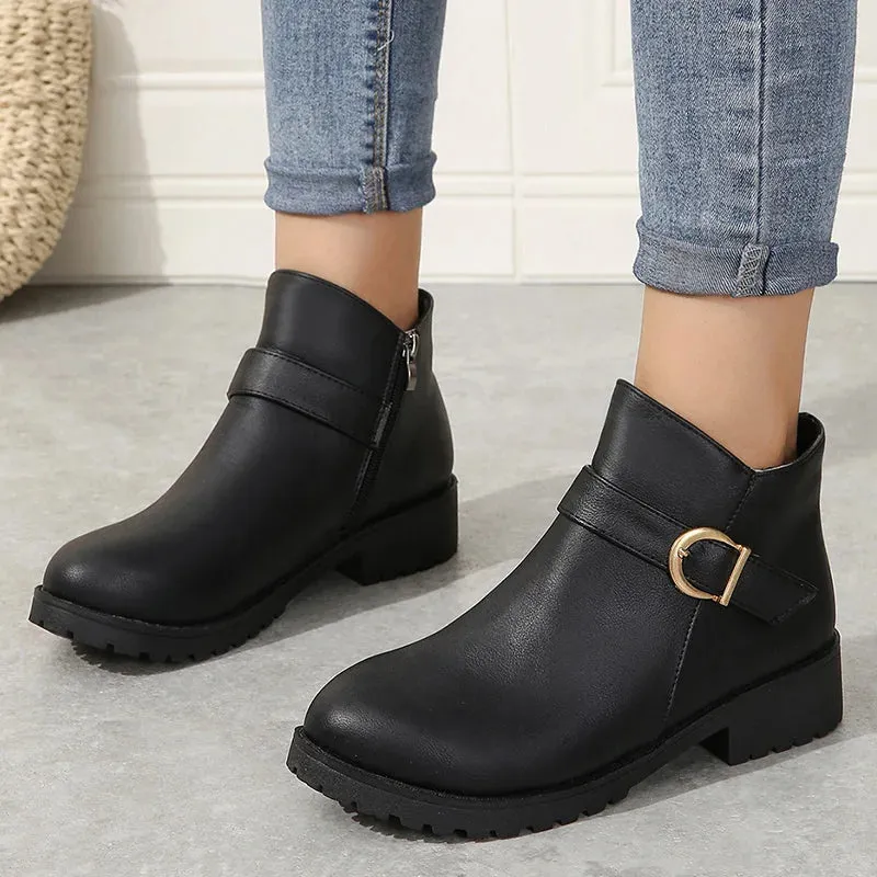 Hnzxzm Retro Buckle Strap Ankle Boots Women Low Heels Brown PU Leather Boots Woman Autumn Side Zipper Platform Short Botas Mujer