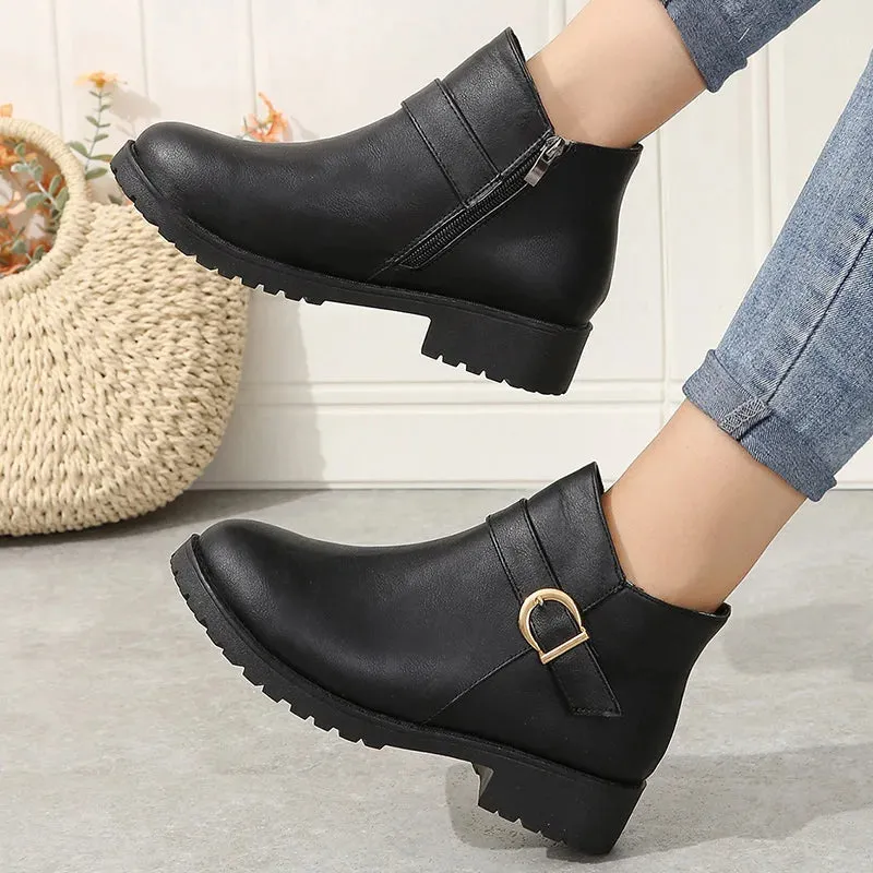 Hnzxzm Retro Buckle Strap Ankle Boots Women Low Heels Brown PU Leather Boots Woman Autumn Side Zipper Platform Short Botas Mujer