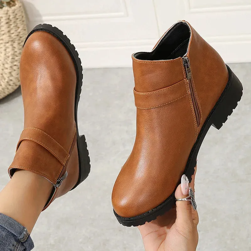 Hnzxzm Retro Buckle Strap Ankle Boots Women Low Heels Brown PU Leather Boots Woman Autumn Side Zipper Platform Short Botas Mujer