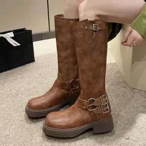 Hnzxzm Vintage Buckle Cowgirl Western Boots Women Suqare Toe Platform Knee High Boots Woman PU Leather Middle Heels Long Botas De Mujer