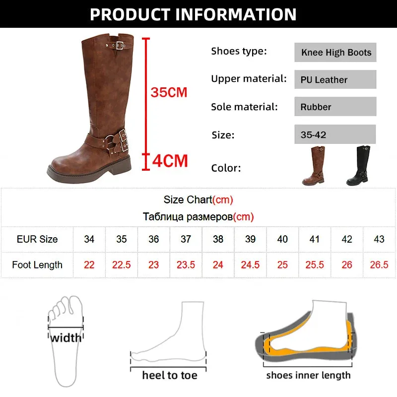 Hnzxzm Vintage Buckle Cowgirl Western Boots Women Suqare Toe Platform Knee High Boots Woman PU Leather Middle Heels Long Botas De Mujer