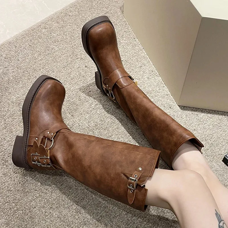 Hnzxzm Vintage Buckle Cowgirl Western Boots Women Suqare Toe Platform Knee High Boots Woman PU Leather Middle Heels Long Botas De Mujer