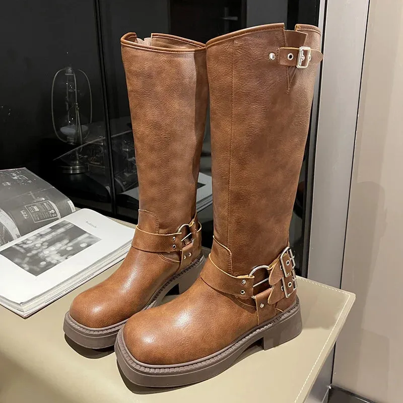 Hnzxzm Vintage Buckle Cowgirl Western Boots Women Suqare Toe Platform Knee High Boots Woman PU Leather Middle Heels Long Botas De Mujer