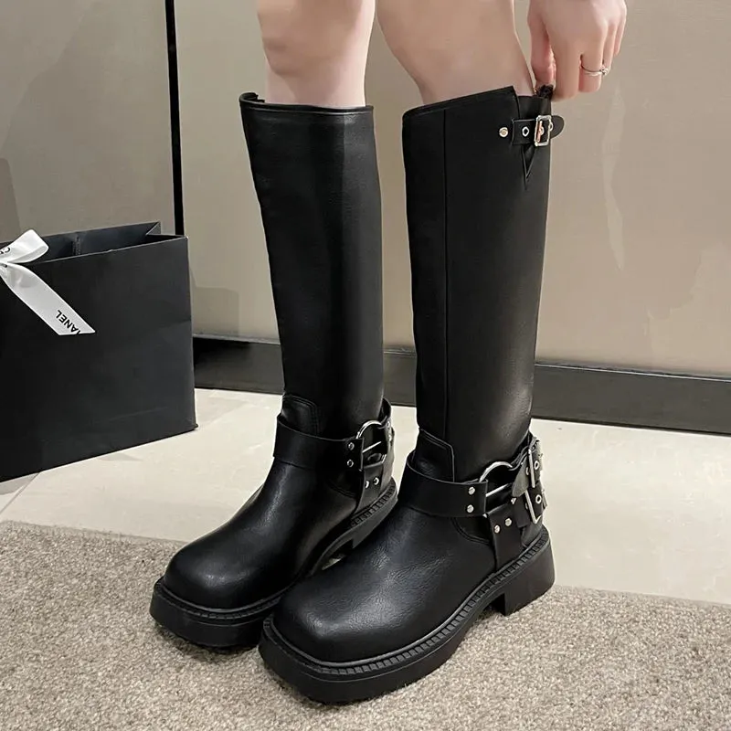 Hnzxzm Vintage Buckle Cowgirl Western Boots Women Suqare Toe Platform Knee High Boots Woman PU Leather Middle Heels Long Botas De Mujer