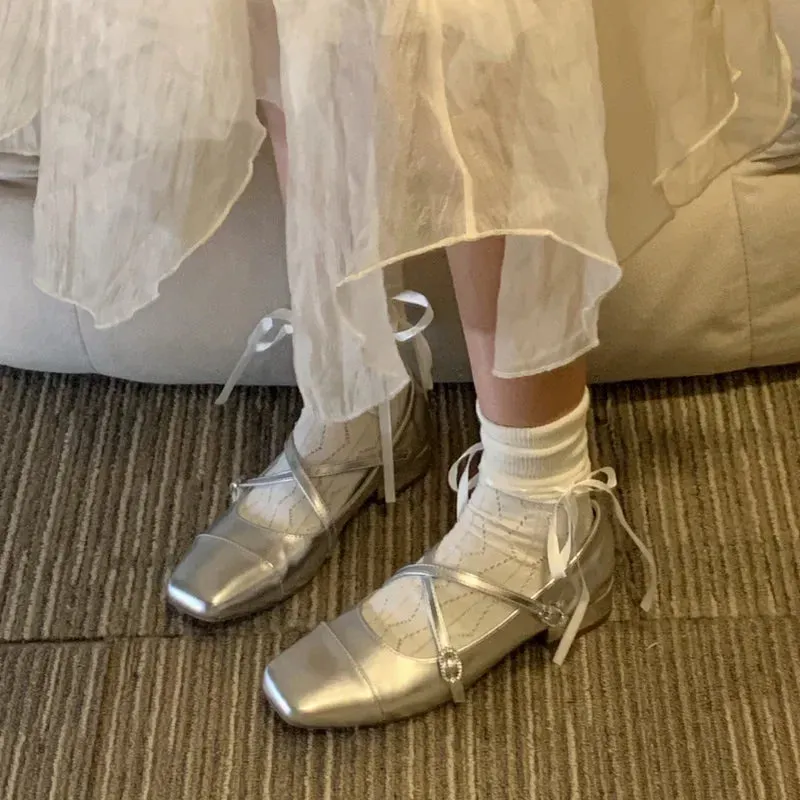 Hnzxzm women Silver Ballet Shoes Spring Autumn Square Head Lightweight Loafers Elegant Non-slip Comfortable Flats Sapatilha Feminina