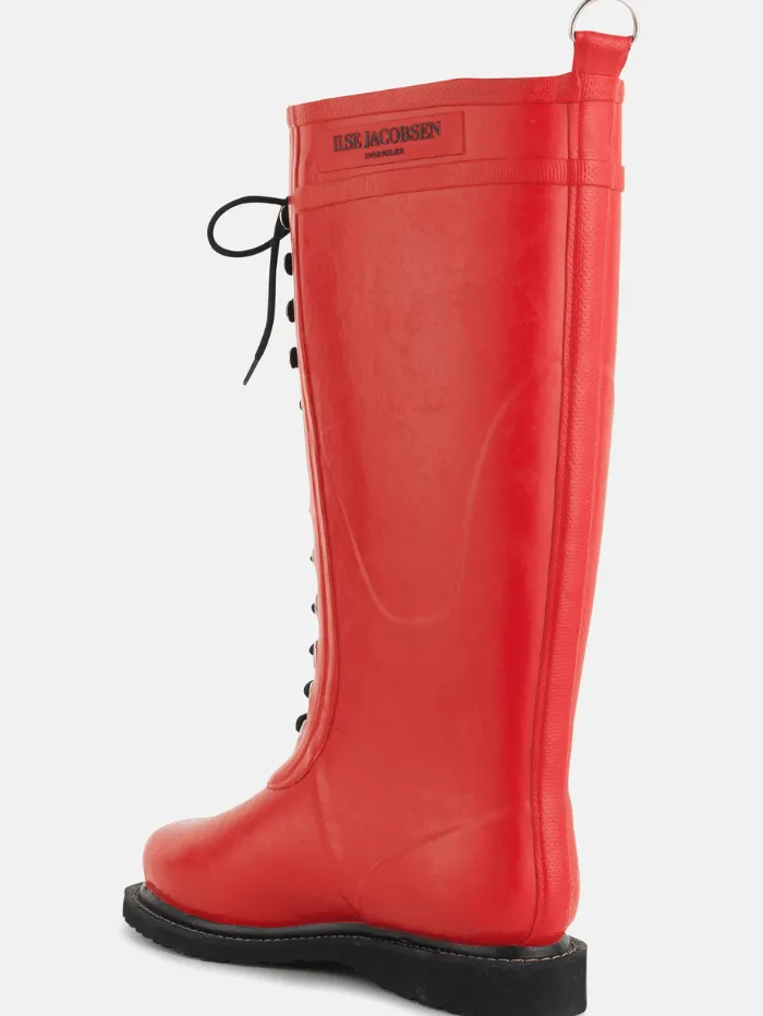 Ilse Jacobsen Long Length Rubber Lace Up Wellington Boots Red RUB1 303
