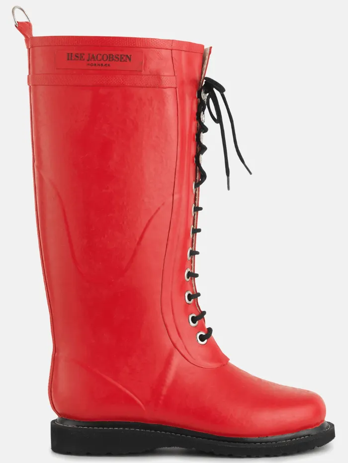 Ilse Jacobsen Long Length Rubber Lace Up Wellington Boots Red RUB1 303