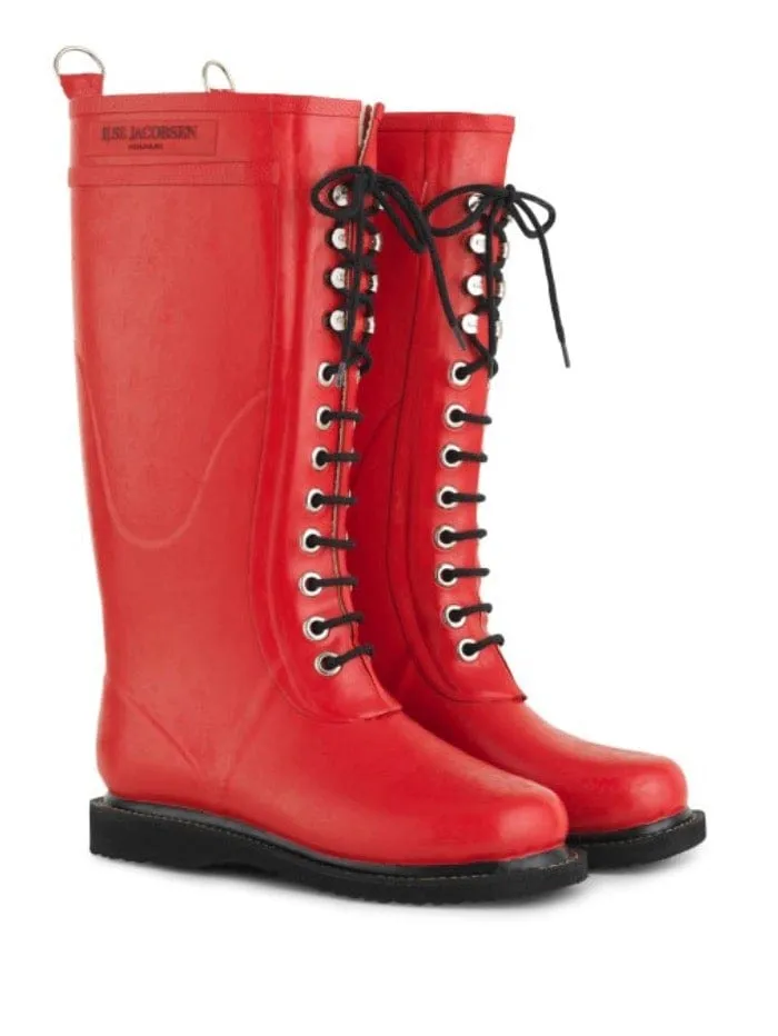 Ilse Jacobsen Long Length Rubber Lace Up Wellington Boots Red RUB1 303