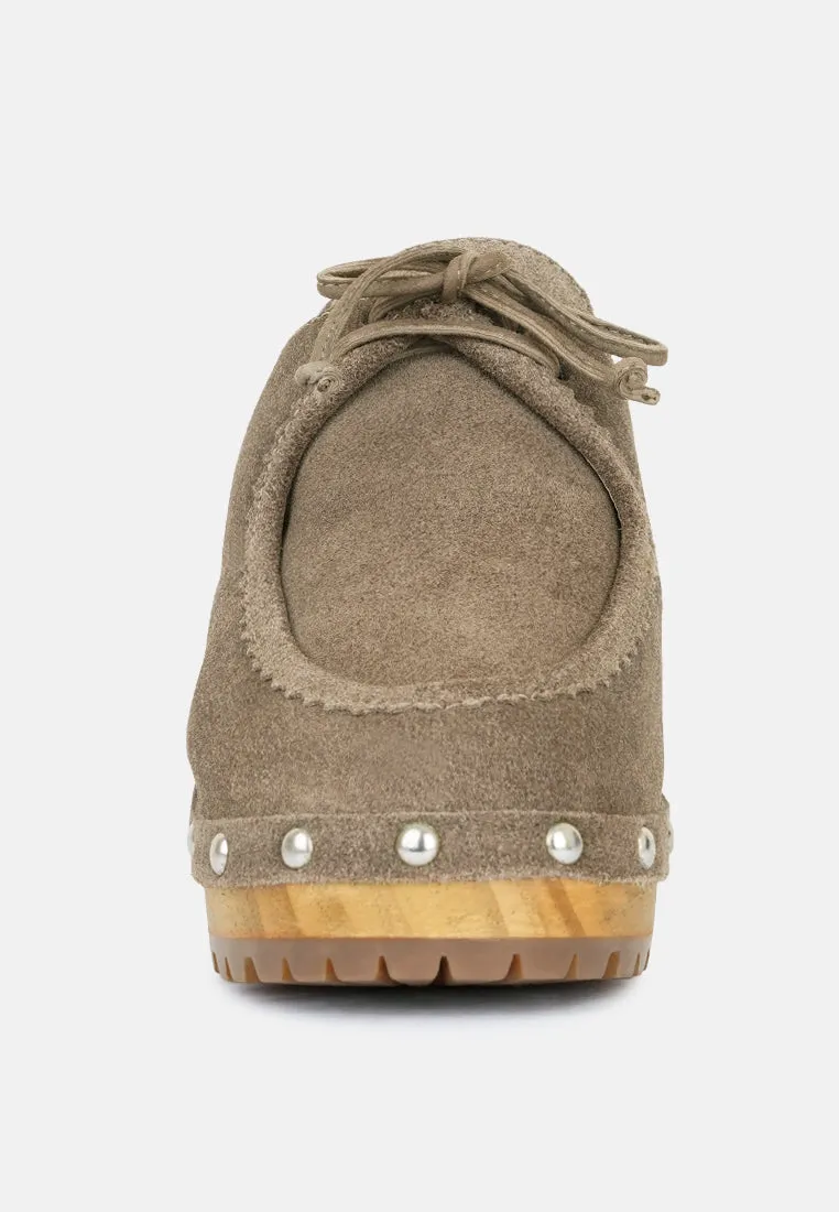 IROKO Taupe Suede Tie Detail Stud Clogs