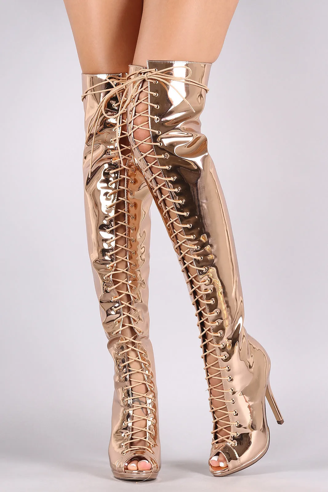 Liliana Mirror Metallic Lace Up Stiletto Over-The-Knee Boots