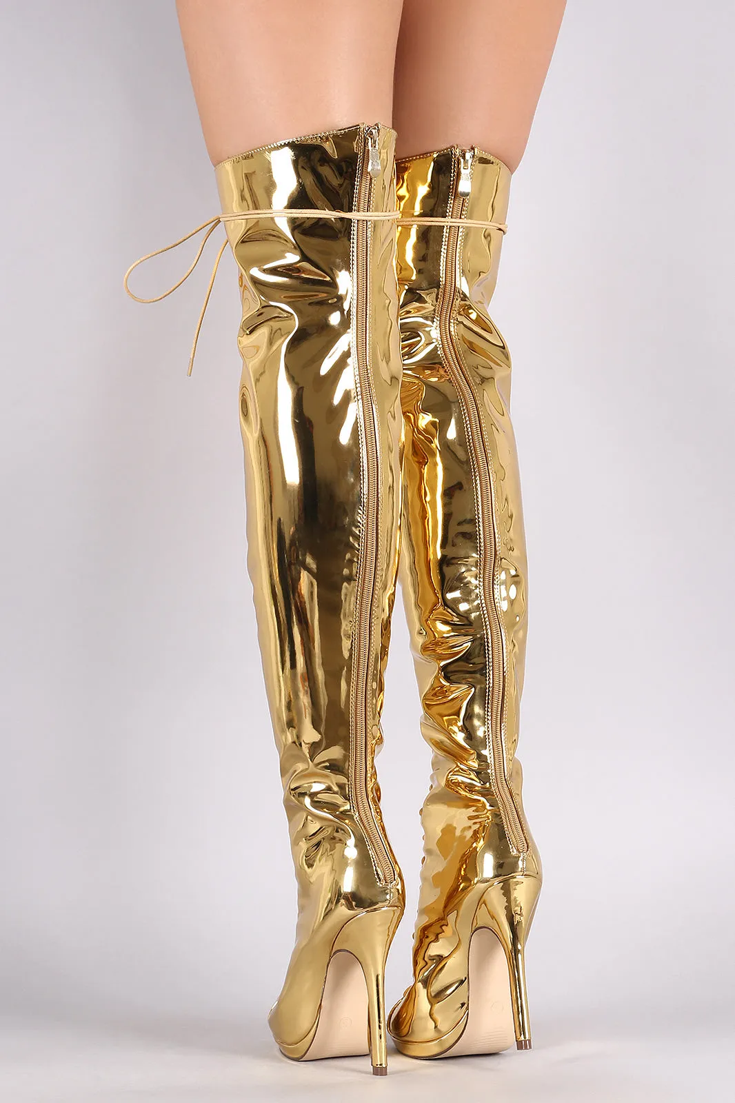 Liliana Mirror Metallic Lace Up Stiletto Over-The-Knee Boots