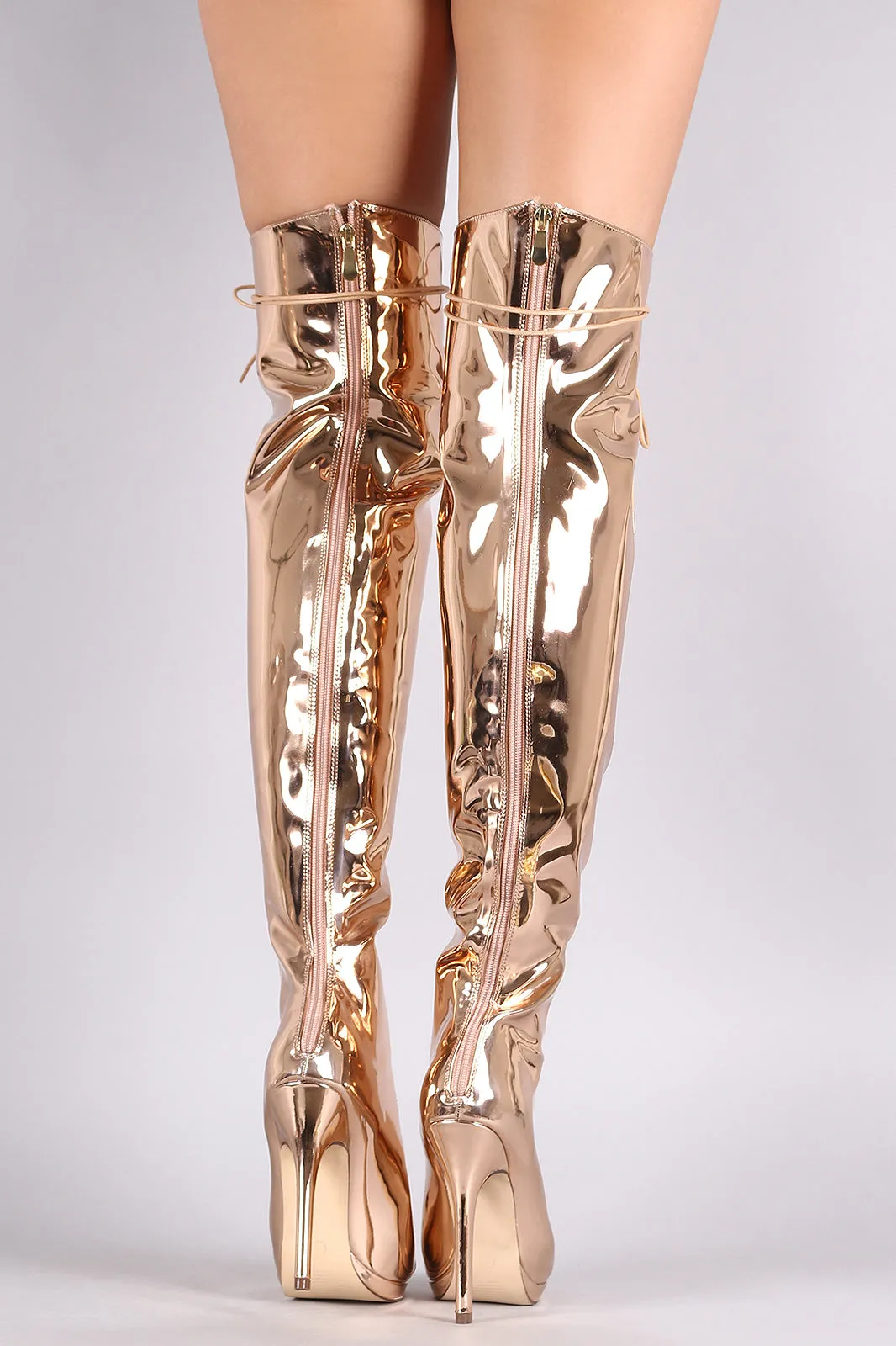 Liliana Mirror Metallic Lace Up Stiletto Over-The-Knee Boots