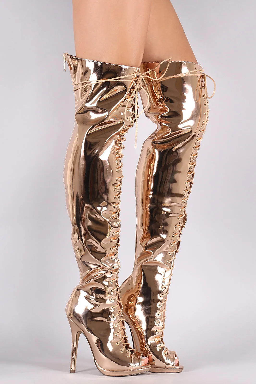 Liliana Mirror Metallic Lace Up Stiletto Over-The-Knee Boots