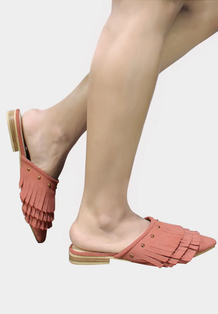 MARISSA Pink Marissa Suede Fringe Mules