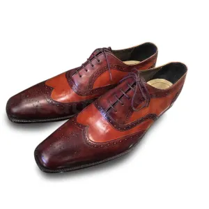 Men Red Tan Two Tone Oxford Brogue Leather Shoes